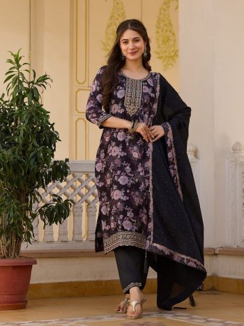 DESIGNER CHINON EMBROIDERY WORK TOP BOTTOM WITH DUPATTA BLACK