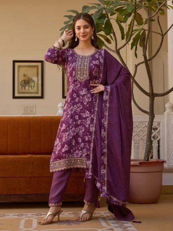DESIGNER CHINON EMBROIDERY WORK TOP BOTTOM WITH DUPATTA PURPLE