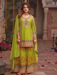 DESIGNER CHINON SILK CHAIN SEQUENCE WITH REAL MIRROR HAND WORK TOP SHARARA WITH DUPATTA PARROT GREEN