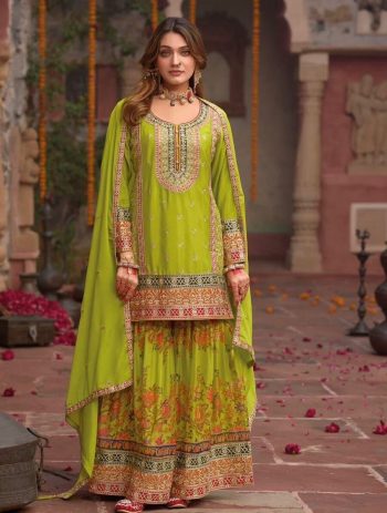 DESIGNER CHINON SILK CHAIN SEQUENCE WITH REAL MIRROR HAND WORK TOP SHARARA WITH DUPATTA PARROT GREEN