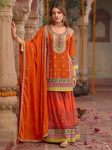 DESIGNER CHINON SILK CHAIN SEQUENCE WITH REAL MIRROR HAND WORK TOP SHARARA WITH DUPATTA ORANGE