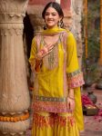 DESIGNER CHINON SILK CHAIN SEQUENCE WITH REAL MIRROR HAND WORK TOP SHARARA WITH DUPATTA WEDDING WEAR WHOLESALE PRICE ETHNIC GARMENT (54)