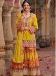 DESIGNER CHINON SILK CHAIN SEQUENCE WITH REAL MIRROR HAND WORK TOP SHARARA WITH DUPATTA YELLOW