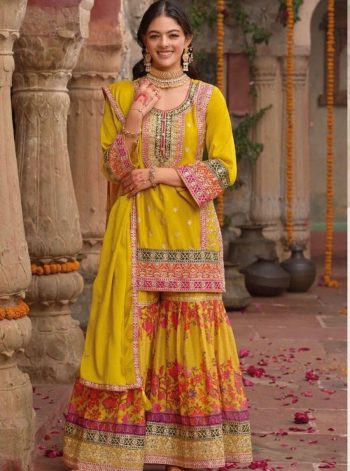 DESIGNER CHINON SILK CHAIN SEQUENCE WITH REAL MIRROR HAND WORK TOP SHARARA WITH DUPATTA YELLOW