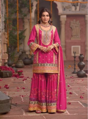 DESIGNER CHINON SILK CHAIN SEQUENCE WITH REAL MIRROR HAND WORK TOP SHARARA WITH DUPATTA PINK