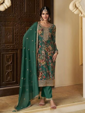 DESIGNER CHINON SILK DIGITAL PRINT WITH EMBROIDERY SEQUENCE CODING WORK TOP BOTTOM WITH DUPATTA GREEN