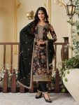 DESIGNER CHINON SILK DIGITAL PRINT WITH EMBROIDERY SEQUENCE CODING WORK TOP BOTTOM WITH DUPATTA BLACK