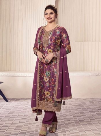 DESIGNER CHINON SILK DIGITAL PRINT WITH EMBROIDERY SEQUENCE CODING WORK TOP BOTTOM WITH DUPATTA PURPLE