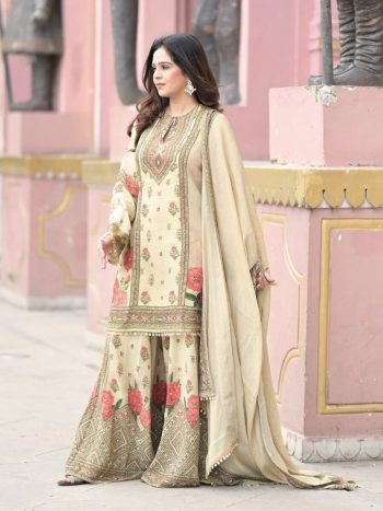 DESIGNER CHINON SILK DIGITAL PRINT WITH REAL MIRROR AND STONE HAND WORK TOP PALAZZO WITH DUPATTA OFF WHITE