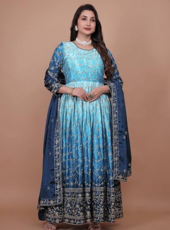 DESIGNER CHINON SILK EMBROIDERY AND SEQUENCE WORK GOWN WITH DUPATTA SKY