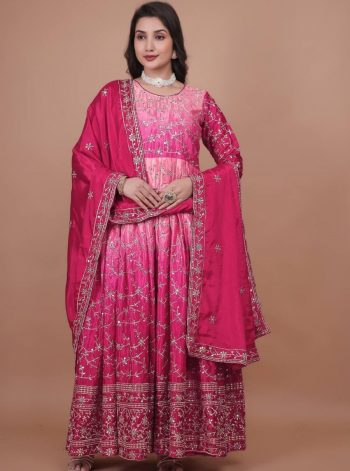 DESIGNER CHINON SILK EMBROIDERY AND SEQUENCE WORK GOWN WITH DUPATTA PINK