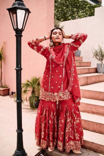 DESIGNER CHINON SILK EMBROIDERY AND SEQUENCE WORK TOP SHARARA WITH DUPATTA RED