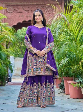 DESIGNER CHINON SILK EMBROIDERY CODING DORI-SEQUENCE WORK  TOP PALAZZO WITH DUPATTA PURPLE