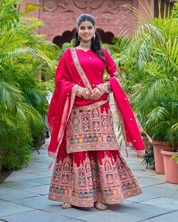DESIGNER CHINON SILK EMBROIDERY CODING DORI-SEQUENCE WORK  TOP PALAZZO WITH DUPATTA PINK