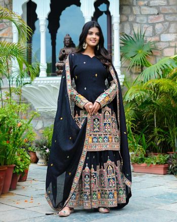 DESIGNER CHINON SILK EMBROIDERY CODING DORI-SEQUENCE WORK  TOP PALAZZO WITH DUPATTA BLACK