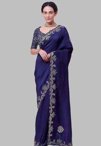 DESIGNER CHINON SILK EMBROIDERY CODING MULTI TREADS & SEQUENCE WORK NAVY  BLUE