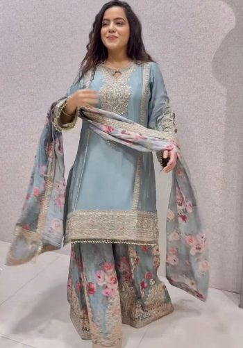 DESIGNER CHINON SILK  EMBROIDERY SEQUENCE & CODING DORI WORK TOP PALAZZO WITH DUPATTA SKY
