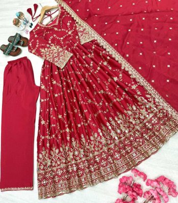 DESIGNER CHINON SILK EMBROIDERY SEQUENCE MIRROR WORK GOWN BOTTOM WITH DUPATTA  RANI