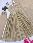 DESIGNER CHINON SILK EMBROIDERY SEQUENCE MIRROR WORK GOWN BOTTOM WITH DUPATTA CREAM