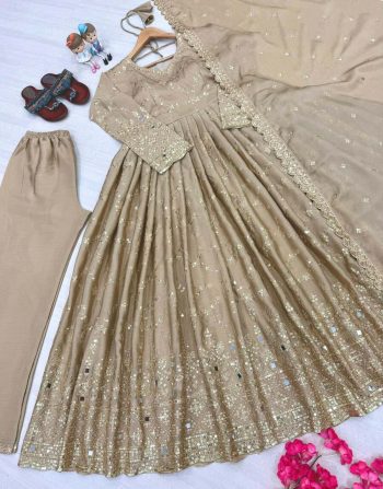 DESIGNER CHINON SILK EMBROIDERY SEQUENCE MIRROR WORK GOWN BOTTOM WITH DUPATTA CREAM