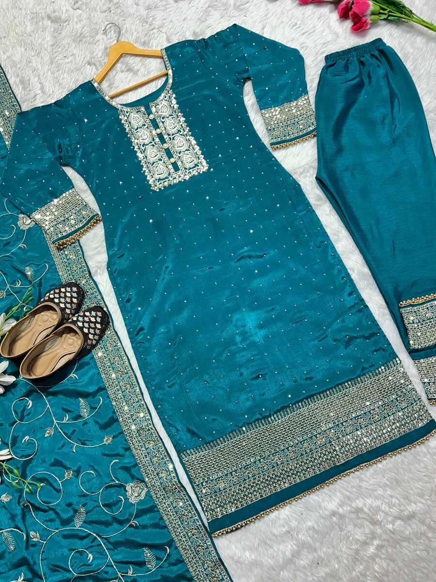 DESIGNER CHINON SILK EMBROIDERY SEQUENCE WORK AND HAND WORK DIAMOND TOP BOTTOM DUPATTA WEDDING WEAR WHOLESALE PRICE ETHNIC GARMENT (10)