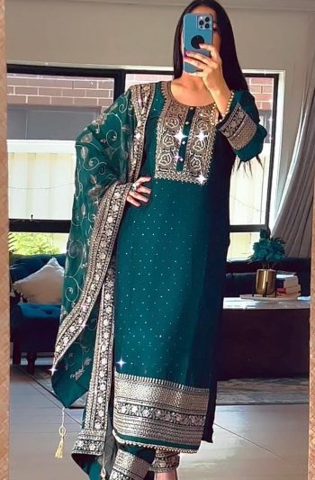 DESIGNER CHINON SILK EMBROIDERY SEQUENCE WORK AND HAND WORK DIAMOND TOP BOTTOM DUPATTA RAMA