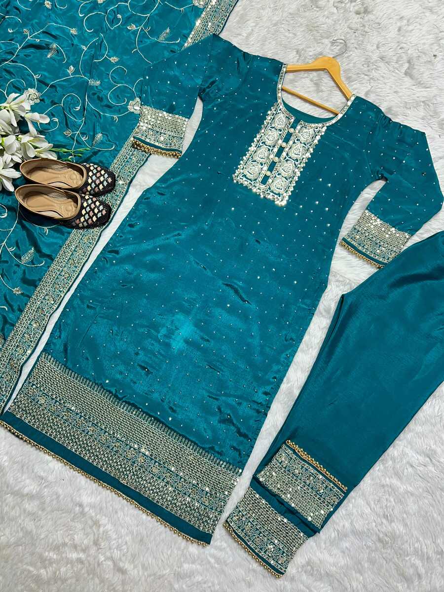 DESIGNER CHINON SILK EMBROIDERY SEQUENCE WORK AND HAND WORK DIAMOND TOP BOTTOM DUPATTA WEDDING WEAR WHOLESALE PRICE ETHNIC GARMENT (19)
