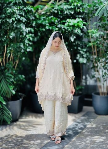 DESIGNER CHINON SILK EMBROIDERY SEQUENCE WORK TOP PALAZZO WITH DUPATTA WHITE