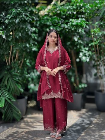 DESIGNER CHINON SILK EMBROIDERY SEQUENCE WORK TOP PALAZZO WITH DUPATTA MAROON