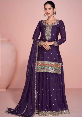 DESIGNER CHINON SILK EMBROIDERY THREAD SEQUENCE WORK TOP PALAZZO WITH DUPATTA PURPLE