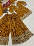 DESIGNER CHINON SILK SEQUENCE EMBROIDERY WORK TOP PALAZZO WITH DUPATTA MUSTARD