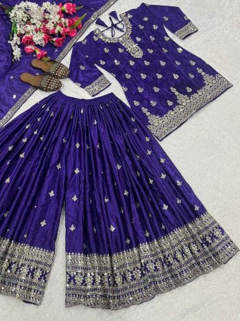 DESIGNER CHINON SILK SEQUENCE EMBROIDERY WORK TOP PALAZZO WITH DUPATTA PURPLE