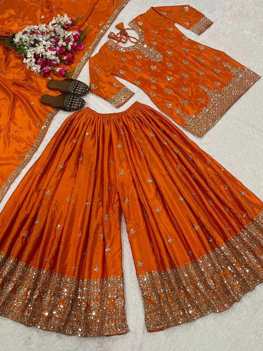 DESIGNER CHINON SILK SEQUENCE EMBROIDERY WORK TOP PALAZZO WITH DUPATTA FESTIVE WEAR WHOLESALE PRICE ETHNIC GARMENT (7)