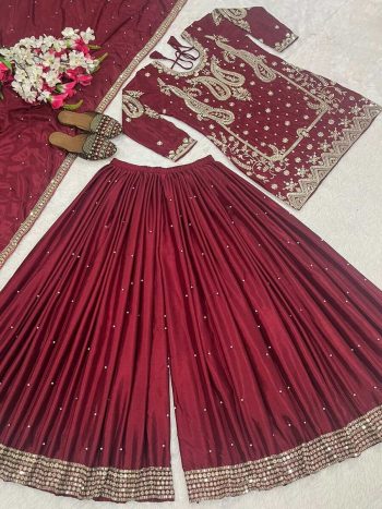 DESIGNER CHINON SILK SEQUENCE EMBROIDERY WORK  TOP PALAZZO WITH DUPATTA MAROON