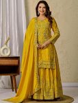 DESIGNER CHINON SILK SEQUENCE EMBROIDERY WORK TOP PALAZZO WITH DUPATTA YELLOW