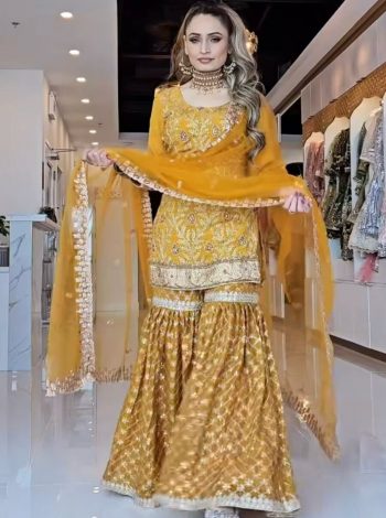 DESIGNER CHINON SILK SEQUENCE EMBROIDERY WORK TOP SHARARA WITH DUPATTA YELLOW