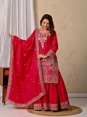 DESIGNER CHINON SILK SEQUENCE EMBROIDERY WORK TOP SHARARA WITH DUPATTA RANI