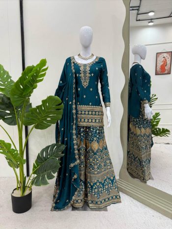 DESIGNER CHINON SILK THREAD & SEQUENCE WORK TOP PALAZZO WITH DUPATTA TEAL