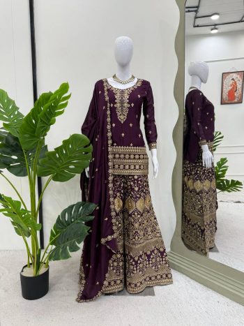 DESIGNER CHINON SILK THREAD & SEQUENCE WORK TOP PALAZZO WITH DUPATTA PURPLE