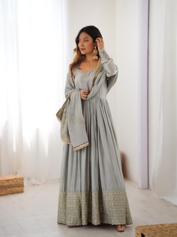 DESIGNER CHINON SILK THREAD WITH SEQUENCE WORK GOWN BOTTOM WITH DUPATTA GREY