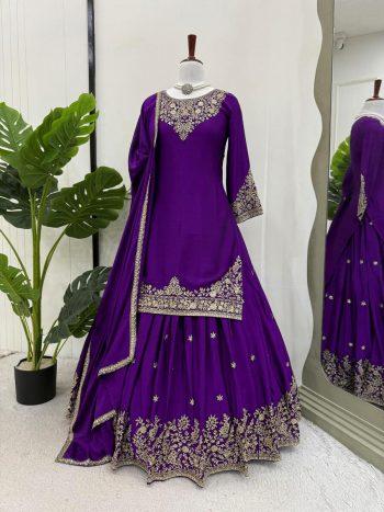 DESIGNER CHINON SILK THREAD WITH SEQUENCE WORK TOP LEHENGA WITH DUPATTA PURPLE