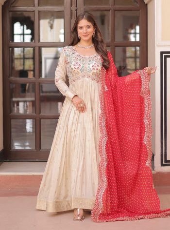 DESIGNER COSMOS JACQUARD PEARL BEADS EMBROIDERED WORK GOWN WITH DUPATTA  RED