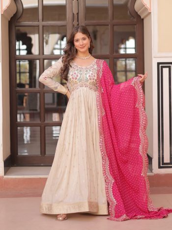 DESIGNER COSMOS JACQUARD PEARL BEADS EMBROIDERED WORK GOWN WITH DUPATTA RANI