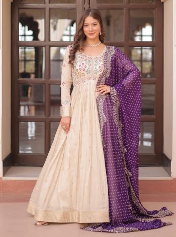 DESIGNER COSMOS JACQUARD PEARL BEADS EMBROIDERED WORK GOWN WITH DUPATTA  PURPLE