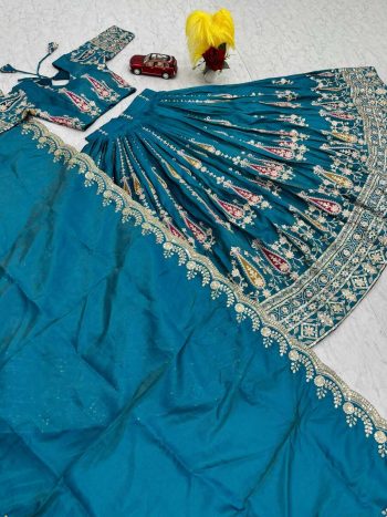 DESIGNER COSMOS SHIMMER EMBROIDERY THREAD & SEQUENCE WORK LEHENGA CHOLI WITH DUPATTA RAMA