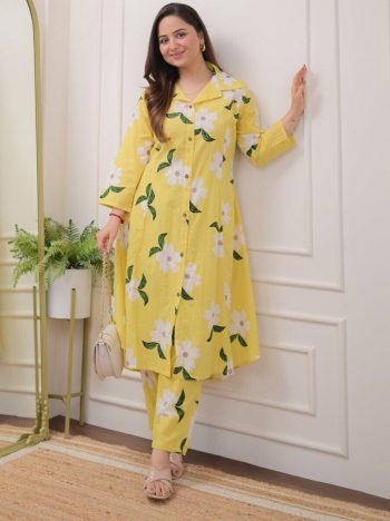 DESIGNER COTTON DIGITAL PRINTED WORK TOP PENT SET YELLOW