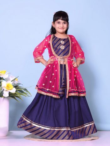 DESIGNER COTTON JACQUARD WEAVING LACE BORDER WORK KID'S LEHENGA CHOLI WITH KOTI PINK