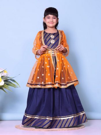 DESIGNER COTTON JACQUARD WEAVING LACE BORDER WORK KID'S LEHENGA CHOLI WITH KOTI ORANGE