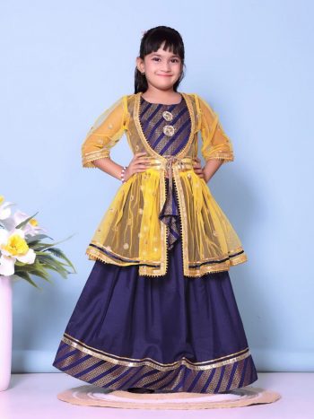 DESIGNER COTTON JACQUARD WEAVING LACE BORDER WORK KID'S LEHENGA CHOLI WITH KOTI YELLOW