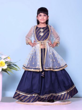 DESIGNER COTTON JACQUARD WEAVING LACE BORDER WORK KID'S LEHENGA CHOLI WITH KOTI WHITE